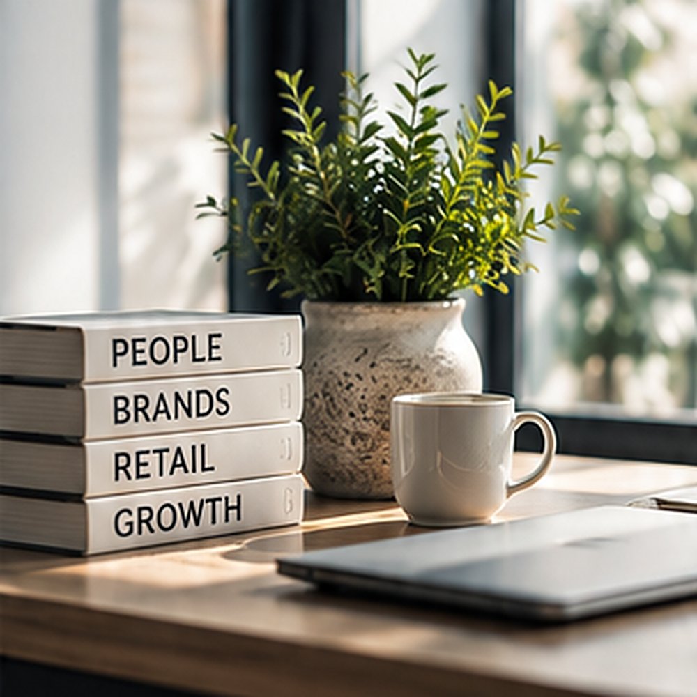 Books titled People, Brands, Retail and Growth on a desk